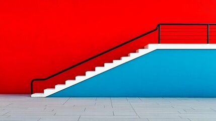 Staircase is shown against a red wall. The stairs are white and the wall is blue. The staircase is empty and the wall is bare. red color
