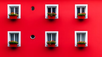 Red building with white trim and a window in the middle of the wall. The window has a flower pot in it