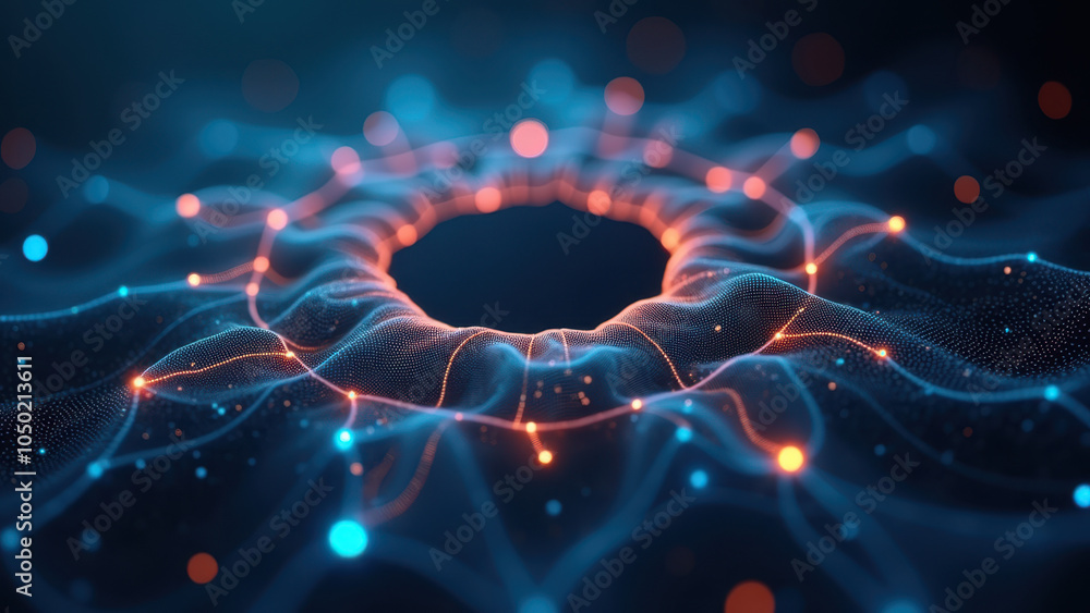 Poster advanced technology concept with glowing digital orbs and a central core, suggesting innovation and 