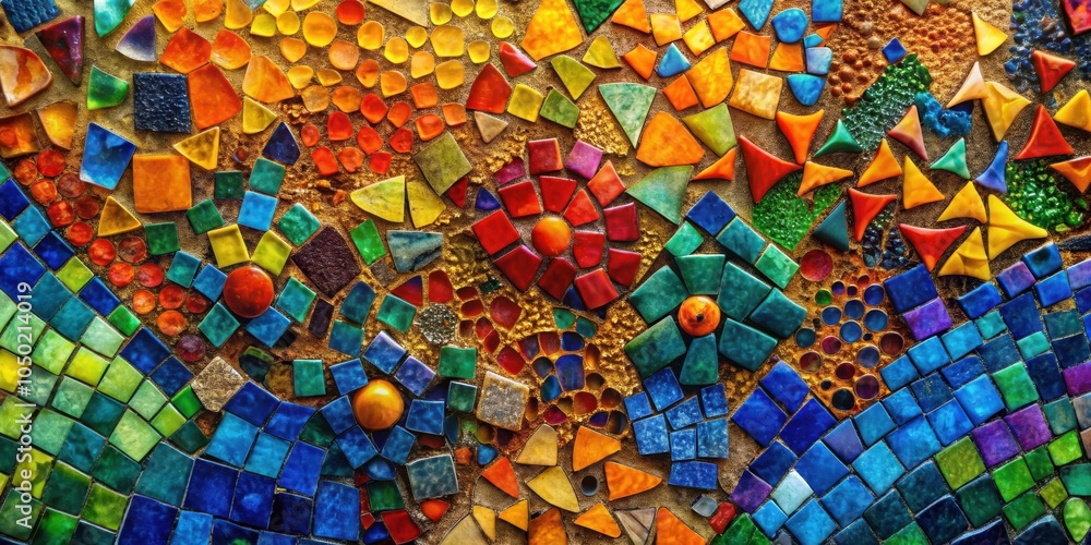 Poster a vibrant mosaic wall, showcasing a captivating blend of colors and shapes, where each tiny piece co