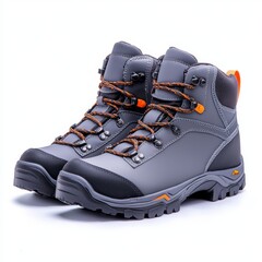 Durable gray hiking boots with orange accents, perfect for outdoor adventures.