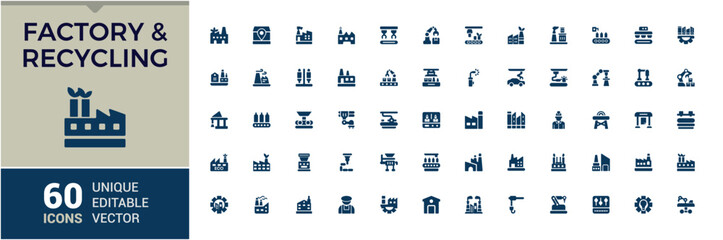 Obraz premium Factory icon pack. Contains related to process, production, manufacturer, productivity, industrial, processing and more. Filled symbol collection. Vector illustration in modern solid style.