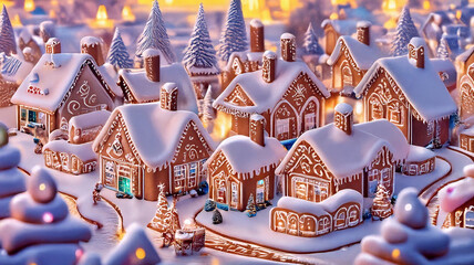 Obraz premium Christmas Gingerbread Village in a Joyful Cartoon Wonderland with Cheerful Decorations and Sparkling Details, Creating a Magical Festive Atmosphere