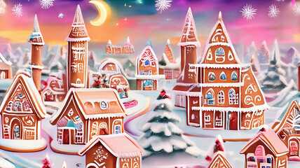 Obraz premium Christmas Gingerbread Village in a Joyful Cartoon Wonderland with Cheerful Decorations and Sparkling Details, Creating a Magical Festive Atmosphere