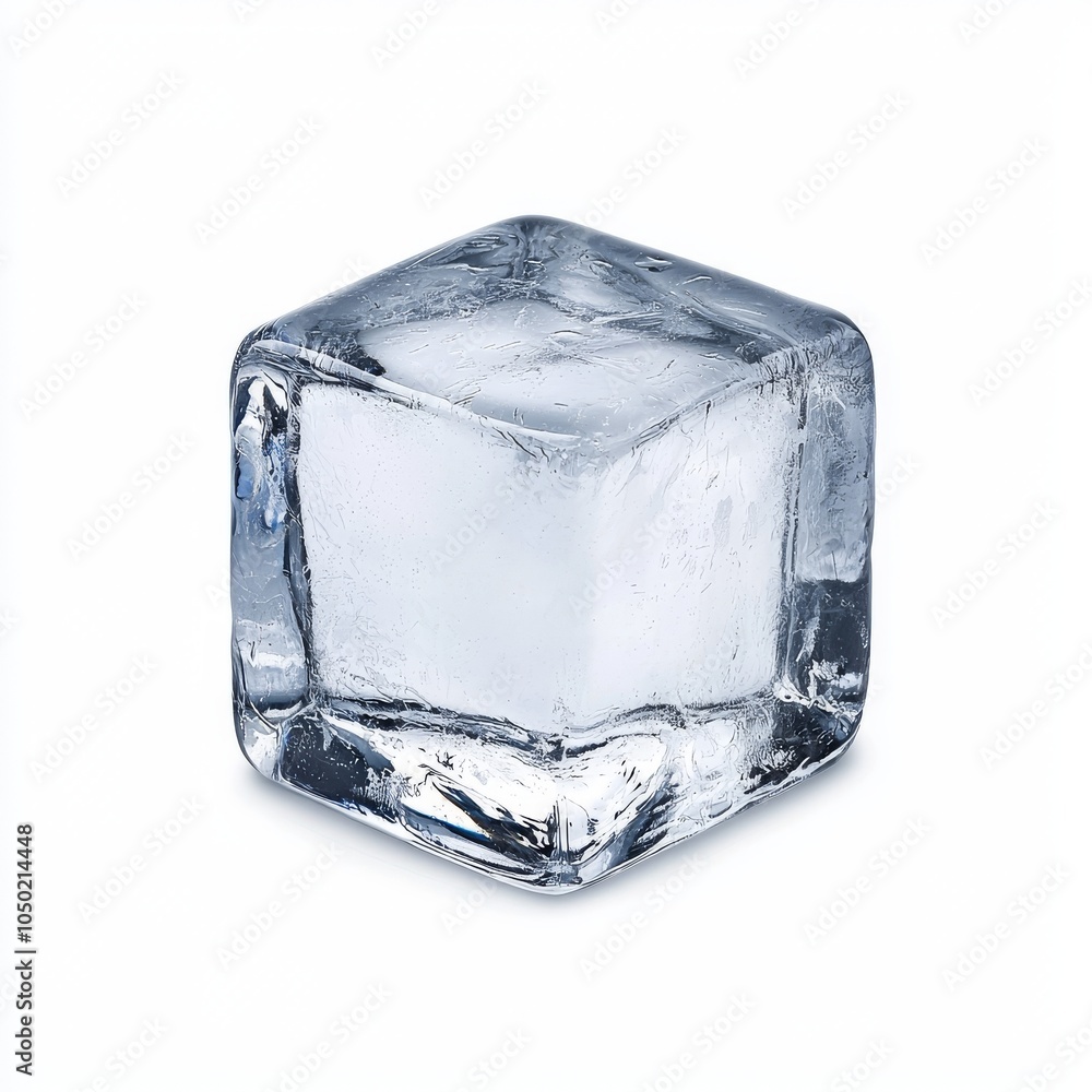 Poster a clear, single ice cube resting on a bright background, showcasing its sharp edges and pristine tra