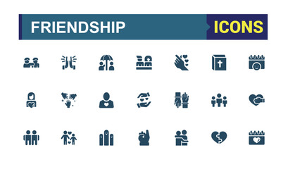 Friendship solid icon collections. Featuring person, set, app, love, respect, giving and more. Flat filled icons pack. Vector filled icons Collection.