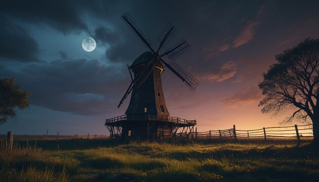 A rickety windmill casting strange silhouettes, its creaks breaking the silence of the haunted farm, Generative AI