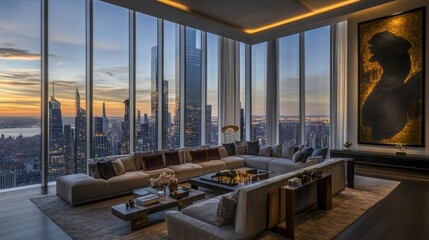 Fototapeta premium An opulent penthouse lounge with floor-to-ceiling windows