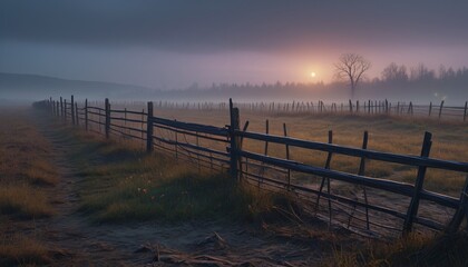 Obraz premium A rickety wooden fence surrounding a barren field, strange figures appearing in the mist, Generative AI