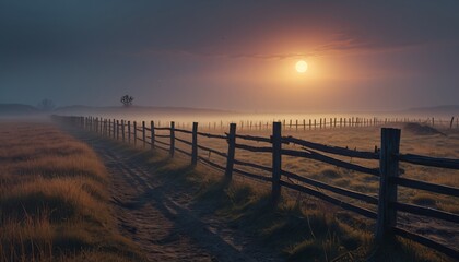 A rickety wooden fence surrounding a barren field, strange figures appearing in the mist, Generative AI