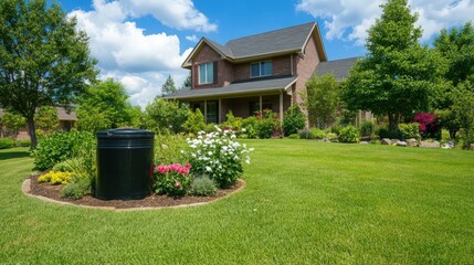Rain barrel in front of a modern house, rainwater tank to collect rainwater and reuse it in the garden
