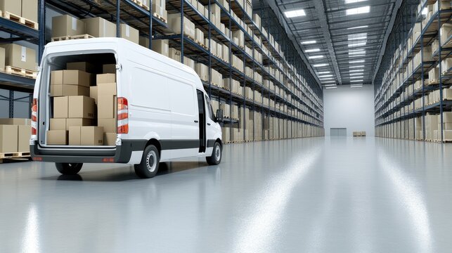 A white delivery van stands ready in a spacious warehouse, the trunk open to reveal stacks of cardboard boxes for shipping and storage