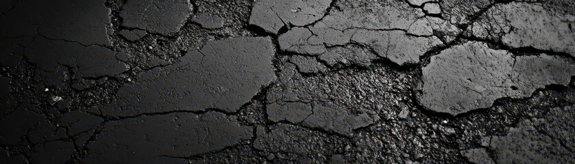 Obraz premium A close-up view of cracked asphalt, highlighting the texture and detail of the surface. The dark background emphasizes the rugged nature of the material.