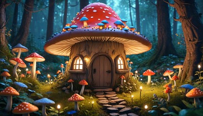 Fototapeta premium A whimsical fairy hut nestled among vibrant mushrooms and twinkling lights, surrounded by lush greenery in a magical forest, Generative AI