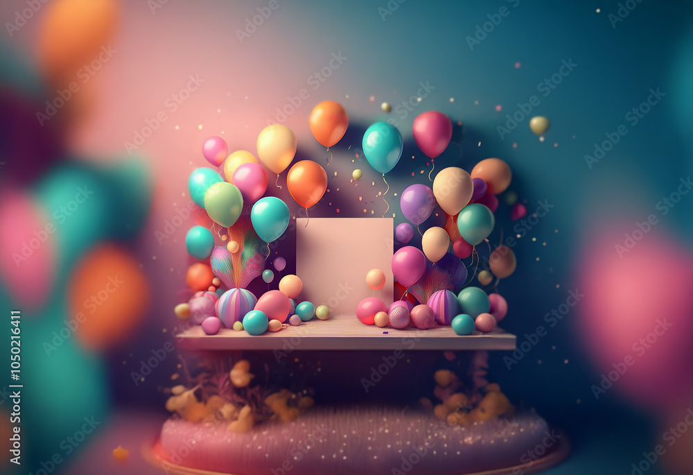 Poster a colorful and whimsical scene with a blank canvas surrounded by floating balloons and a small platf