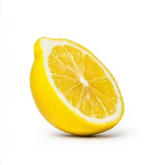 A vibrant yellow lemon cut in half, showcasing its juicy interior against a clean white background.