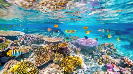 Obraz premium A captivating view of the Great Barrier Reef with colorful coral formations and schools of tropical fish swimming in clear waters, marine setting with vivid colors, Coral style