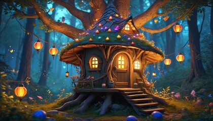 Fototapeta premium A delightful fairy hut perched on a tree branch, surrounded by glowing lanterns and enchanted creatures in a vibrant forest setting, Generative AI