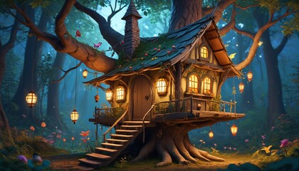 Fototapeta premium A delightful fairy hut perched on a tree branch, surrounded by glowing lanterns and enchanted creatures in a vibrant forest setting, Generative AI