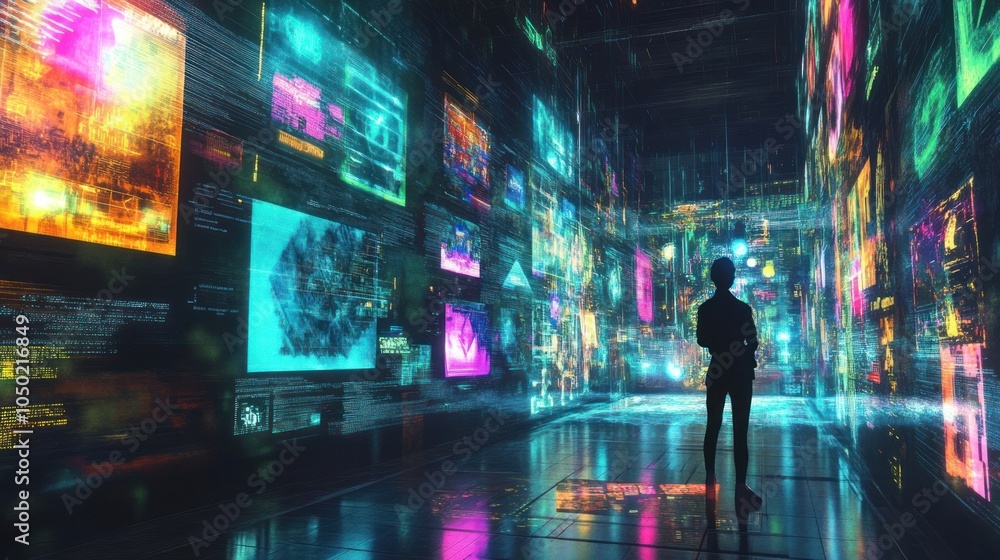 Poster futuristic blockchain digital art gallery with animated displays. immersive digital space with nfts.