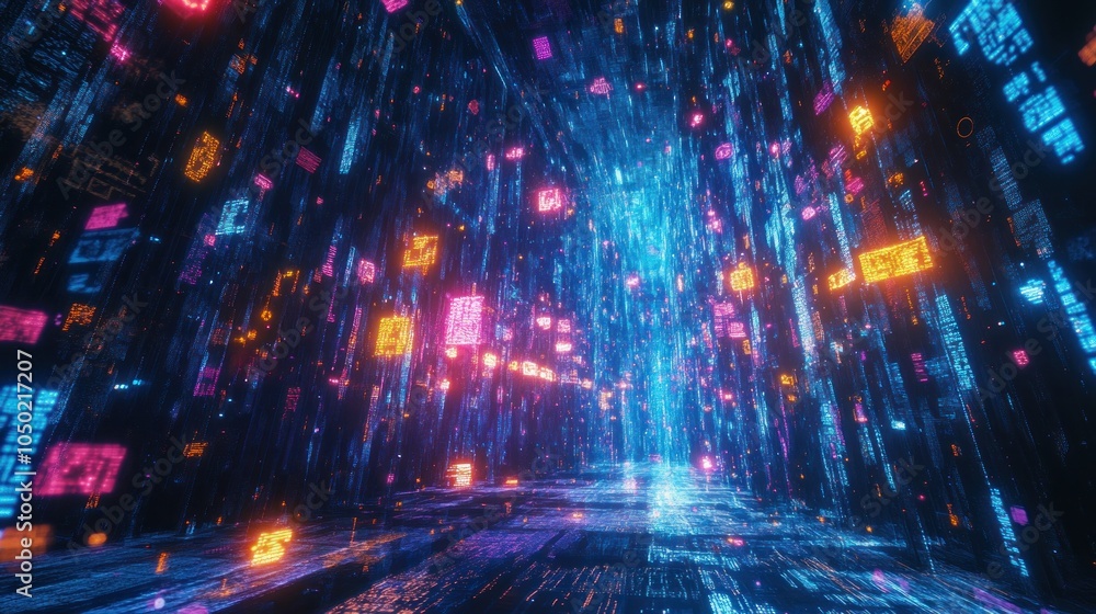 Poster futuristic data flow in digital matrix with neon lights. abstract vibrant neon digital network. nfts