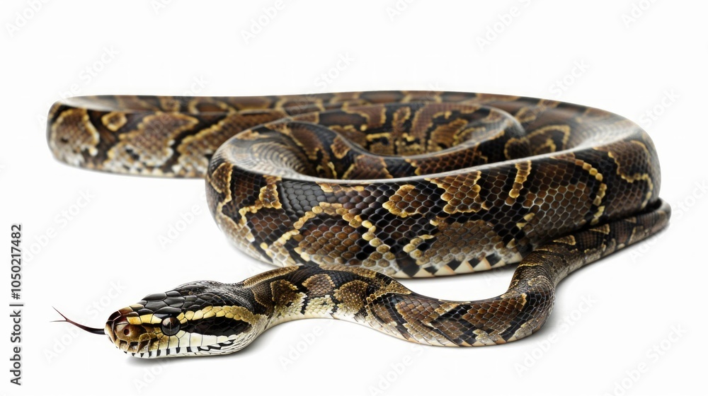 Poster ball python is depicted in a curled position showcasing its smooth scales and stunning brown marking