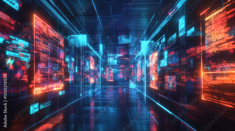 Poster digital hallway illustrating blockchain technology with glowing data panels. digital interface and d