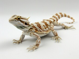 Naklejka premium desert colored Bearded Dragon reveals its spiky features while confidently balanced on a smooth white surface showcasing its unique textures and colors.