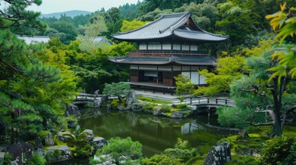 Naklejka premium A captivating view of the historic temples and serene landscapes of Kyoto with traditional Japanese architecture surrounded by lush gardens, urban setting with tranquil greens and soft pastels
