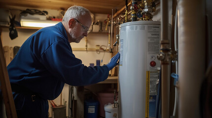 Plumber Inspecting Water Heater in Basement