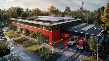 Modern Sustainable Fire Station with Solar Panels and Smart Technology for Emergency Services