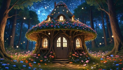 Obraz premium An enchanted fairy hut with windows shaped like flowers, nestled beneath a canopy of sparkling stars in a mystical forest, Generative AI