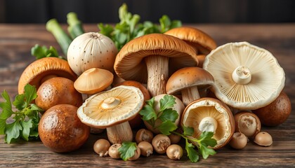 An array of fresh mushrooms showcasing various types and colors on a wooden surface.
