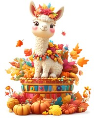 Cute Llama with Fall Leaves and Pumpkins for Autumn Decorations