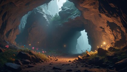 A mysterious cavern entrance shrouded in mist, beckoning explorers to embark on a journey into the unknown depths of enchantment, Generative AI