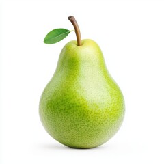 A fresh, green pear with a single leaf on a white background.