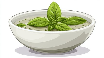 Creamy Basil Soup in White Bowl Fresh Homemade Recipe Illustration