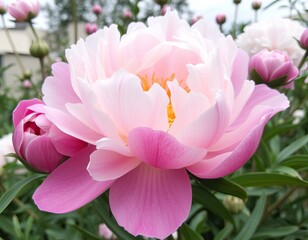 Fototapeta premium Beautiful pink peony flower with soft petals and lush greenery in the background.