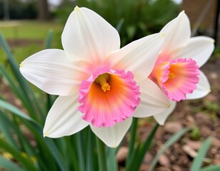 Fototapeta premium Beautiful white daffodils with pink centers in a vibrant garden setting.