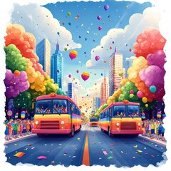 LGBTQ pride parade illustration with floats and festive decorations