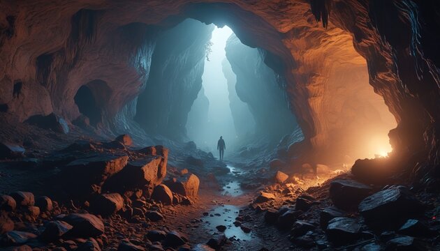 An eerie yet beautiful cavern filled with fog and ethereal light, leading seekers on a path to uncover the mysteries of the unknown, Generative AI