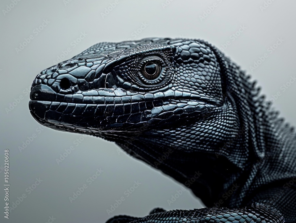 Aufkleber black tree monitor lizard showcases sleek black scales while climbing with elegance on pure white ba