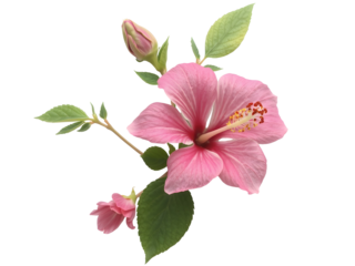 A vibrant pink hibiscus flower with a bud and leaves, showcasing the beauty of nature in bloom