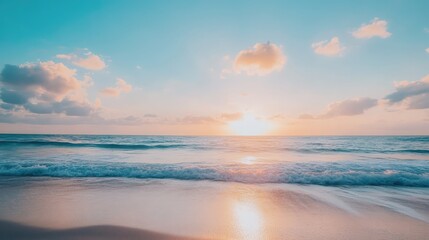 Fototapeta premium The sun reflects off the calm sea on a morning in Thailand. Warm, no people and a long beach Suitable for traveling on the weekend or summer with the family. 