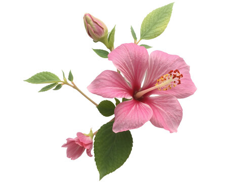 A vibrant pink hibiscus flower with a bud and leaves, showcasing the beauty of nature in bloom - Powered by Adobe
