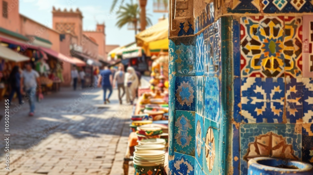 Aufkleber a captivating view of the lively markets and colorful architecture of marrakech��s medina with its b