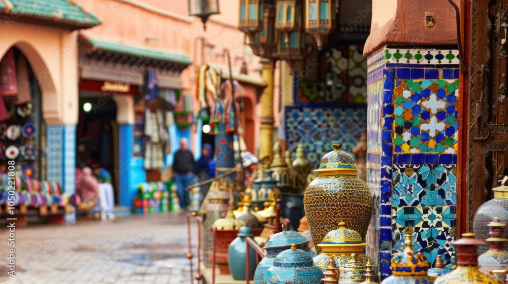Aufkleber a captivating view of the lively markets and colorful architecture of marrakech��s medina with its b