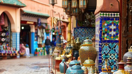 A captivating view of the lively markets and colorful architecture of Marrakech��s medina with its bustling souks and intricate tilework, urban setting with vibrant colors, Marrakech style