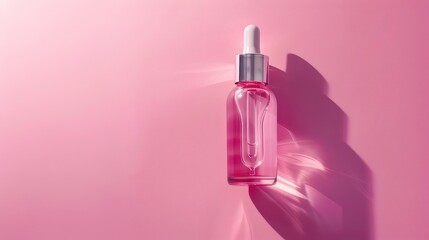 A dropper bottle of clear liquid sits on a pink background with a silver cap and a white dropper.