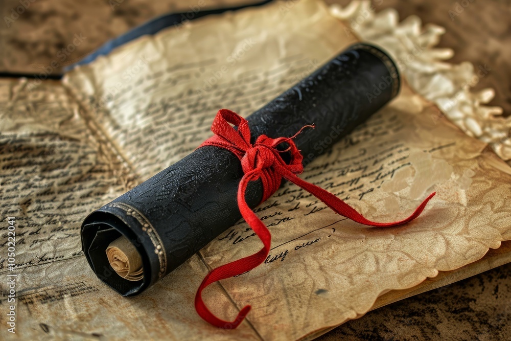 Poster black scroll tied with red ribbon is lying on ancient book with handwritten text and feather pen